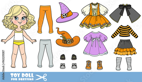 Cartoon blond girl  and clothes separately - witch costume designer with hats, tights and hats