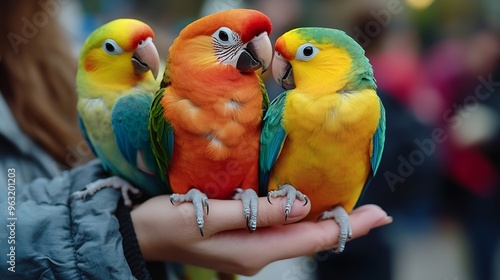 Parrots are sitting on a handA girl with birdsCockatiel parrots of different colorsThe owner of parrots Pets Cockatiel parrotsPortrait with birdsCute birdsPet shop and keeping petsCore : Generative AI photo