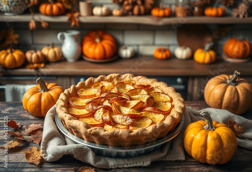 Apple pie in cozy kitchen, autumn decorations, pumpkins. Fall season, harvest time, baking desserts 