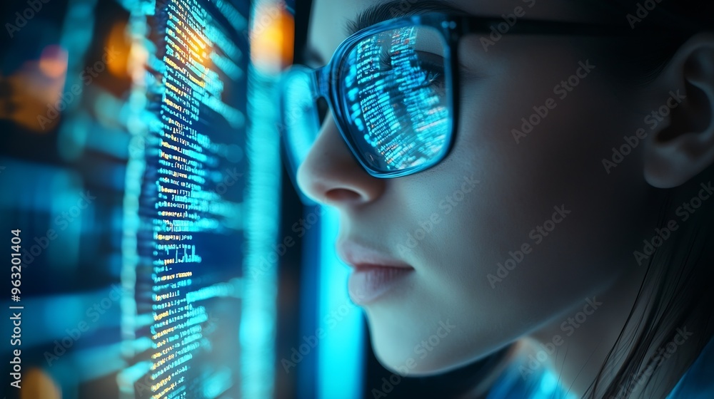 Software coding hologram and woman in data analytics information technology and gdpr overlay Programmer or IT person in glasses reading script programming and cybersecurity research on : Generative AI Software coding hologram and woman in data analytics information technology and gdpr overlay Programmer or IT person in glasses reading script programming and cybersecurity research on : Generative AI