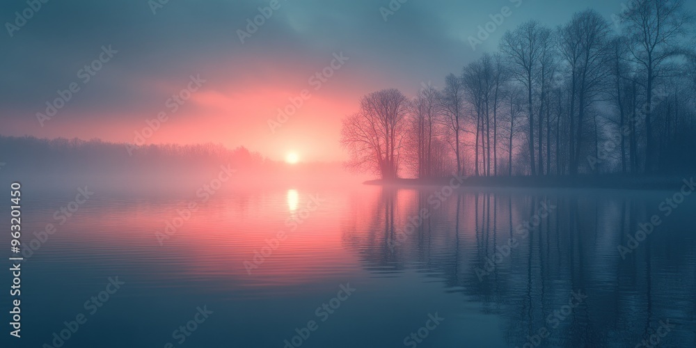 Silhouetted Trees Reflecting in a Still Lake at Sunrise Silhouetted Trees Reflecting in a Still Lake at Sunrise