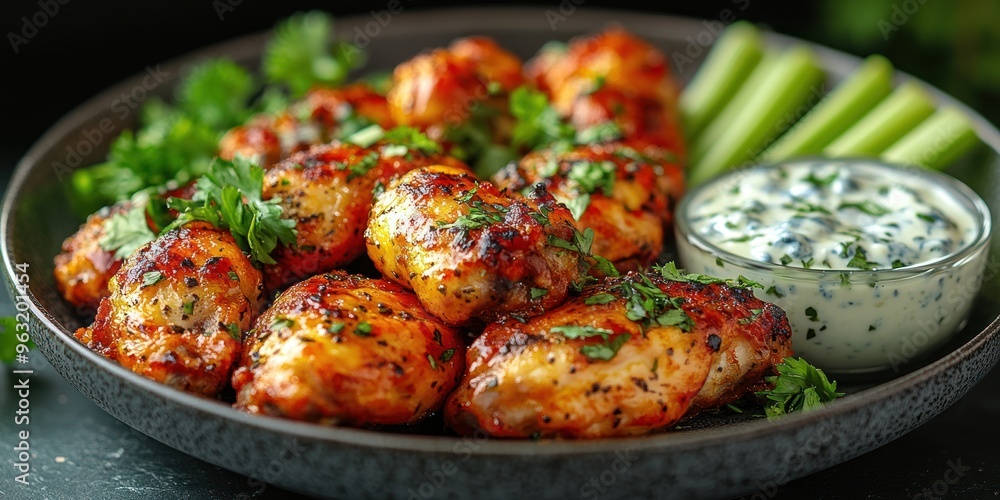 Grilled Chicken Wings with Celery Sticks and Creamy Dip Grilled Chicken Wings with Celery Sticks and Creamy Dip