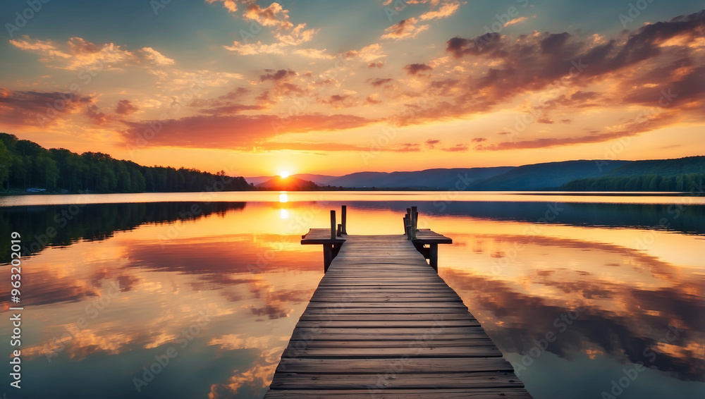 Obraz premium Beautiful Sunset Over a Serene Lake with a Dock