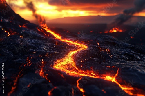 Molten Lava Flowing Down a Volcano.