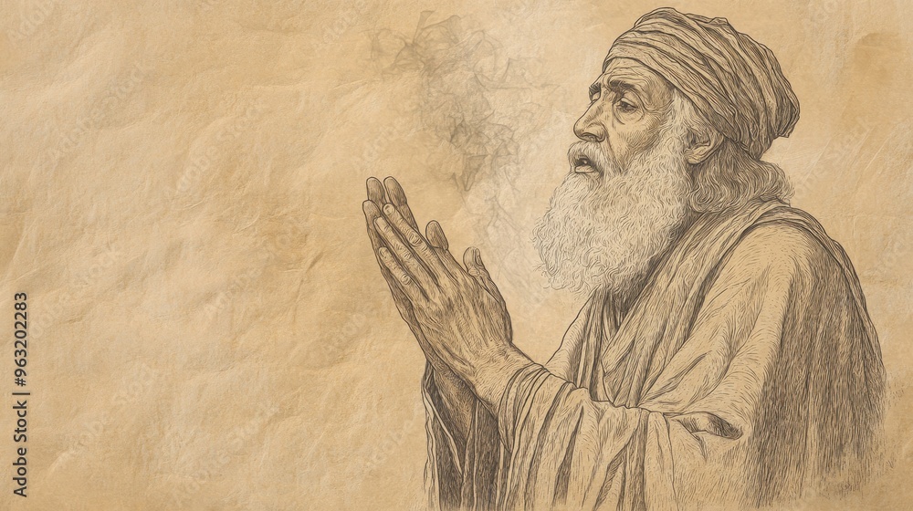 Fototapeta premium Biblical Illustration: Hezekiah’s Heartfelt Prayer with Visions of His Righteous Deeds, Appealing to God’s Memory of Faithfulness