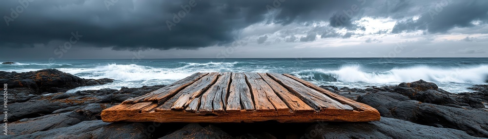 Driftwood podium on a rocky shore, crashing waves, stormy clouds, wide angle, dramatic mood Driftwood podium on a rocky shore, crashing waves, stormy clouds, wide angle, dramatic mood
