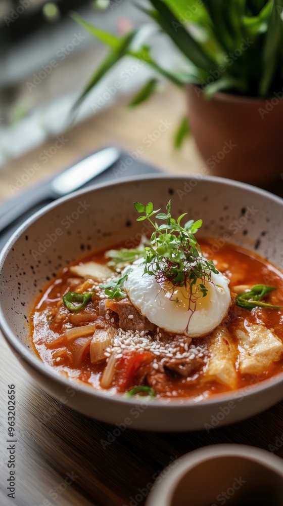 Kimchi Jjigae with Beef, Tofu, and Poached Egg in Elegant Presentation Kimchi Jjigae with Beef, Tofu, and Poached Egg in Elegant Presentation