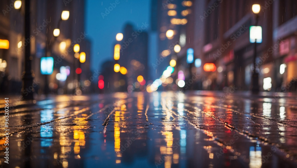 Bright City Lights Reflecting Off Wet Pavement During Rain Bright City Lights Reflecting Off Wet Pavement During Rain