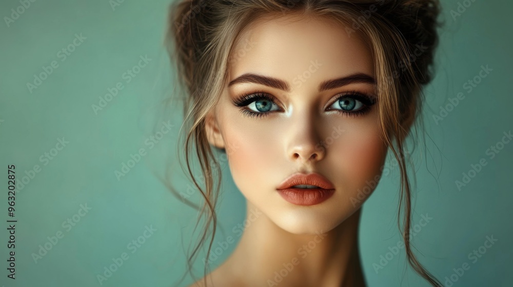 Portrait of a woman with an elegant hairstyle and makeup, showcasing her flawless complexion and well-defined facial features in a detailed close-up. Portrait of a woman with an elegant hairstyle and makeup, showcasing her flawless complexion and well-defined facial features in a detailed close-up.