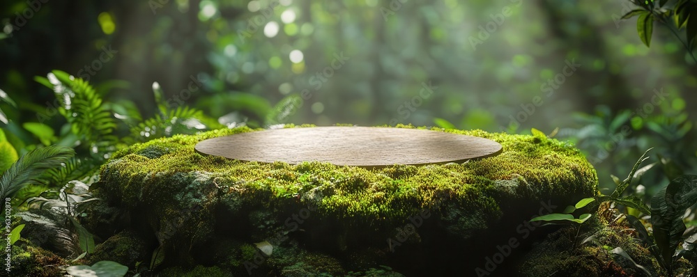 A moss-covered podium in a dense jungle, with dappled sunlight filtering through the foliage. The scene is captured up close with a shallow depth of field, highlighting the textures and details. A moss-covered podium in a dense jungle, with dappled sunlight filtering through the foliage. The scene is captured up close with a shallow depth of field, highlighting the textures and details.