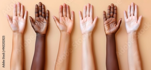 Six diverse hands raised in the air, showcasing unity and diversity. Symbol of inclusion, equality, and acceptance.