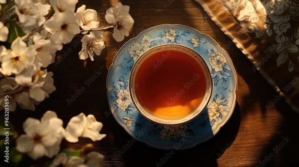 A blue and white tea cup with a floral design sits on a wooden table. The cup is filled with tea and surrounded by a vase of white flowers. Concept of relaxation and tranquility, as the tea A blue and white tea cup with a floral design sits on a wooden table. The cup is filled with tea and surrounded by a vase of white flowers. Concept of relaxation and tranquility, as the tea