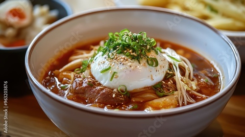 Kimchi Jjigae with Beef, Tofu, and Poached Egg in Elegant Presentation