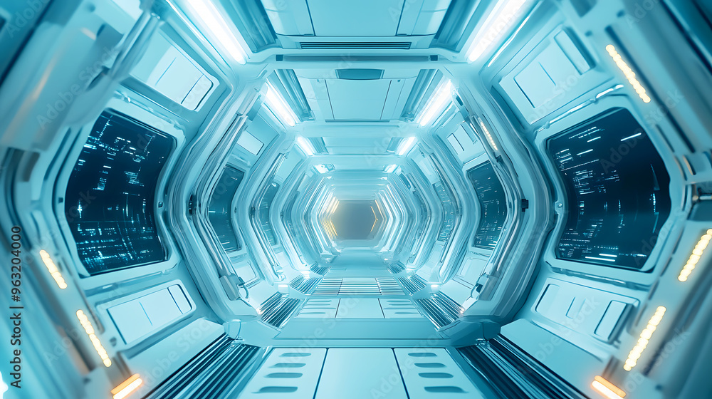 space station corridor with glowing lights and futuristic panels, floating in zero gravity space station corridor with glowing lights and futuristic panels, floating in zero gravity