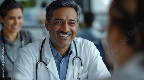 Happy diverse medical team of colleagues talking at meeting table discussing doctor occupation medical practitioner work laughing having fun Indian physician speaking at brainstorming : Generative AI