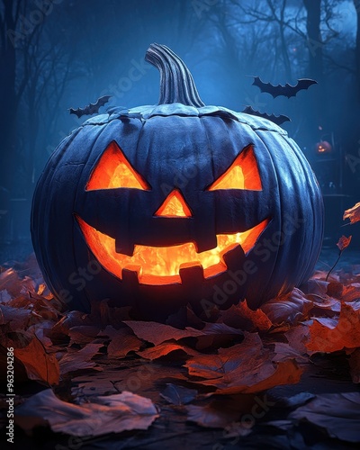 A glowing jack-o'-lantern surrounded by autumn leaves, embodying the spirit of Halloween in a spooky forest setting.