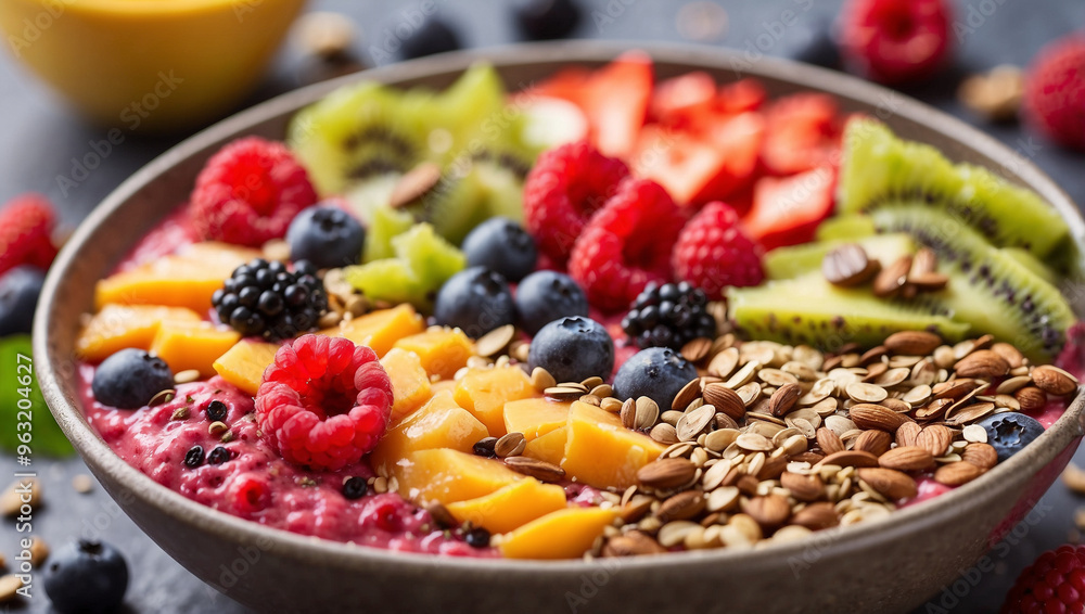 Closeup of a colorful smoothie bowl topped with fresh ingredients Closeup of a colorful smoothie bowl topped with fresh ingredients