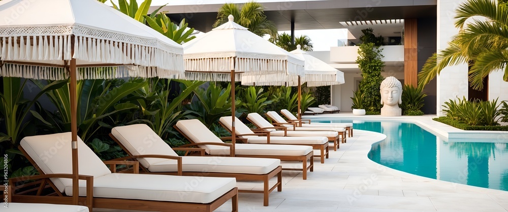Fototapeta premium Luxurious outdoor poolside area with a modern and tropical design. The layout features several white cushioned lounge chairs with wooden frames, arranged neatly on a white stone deck