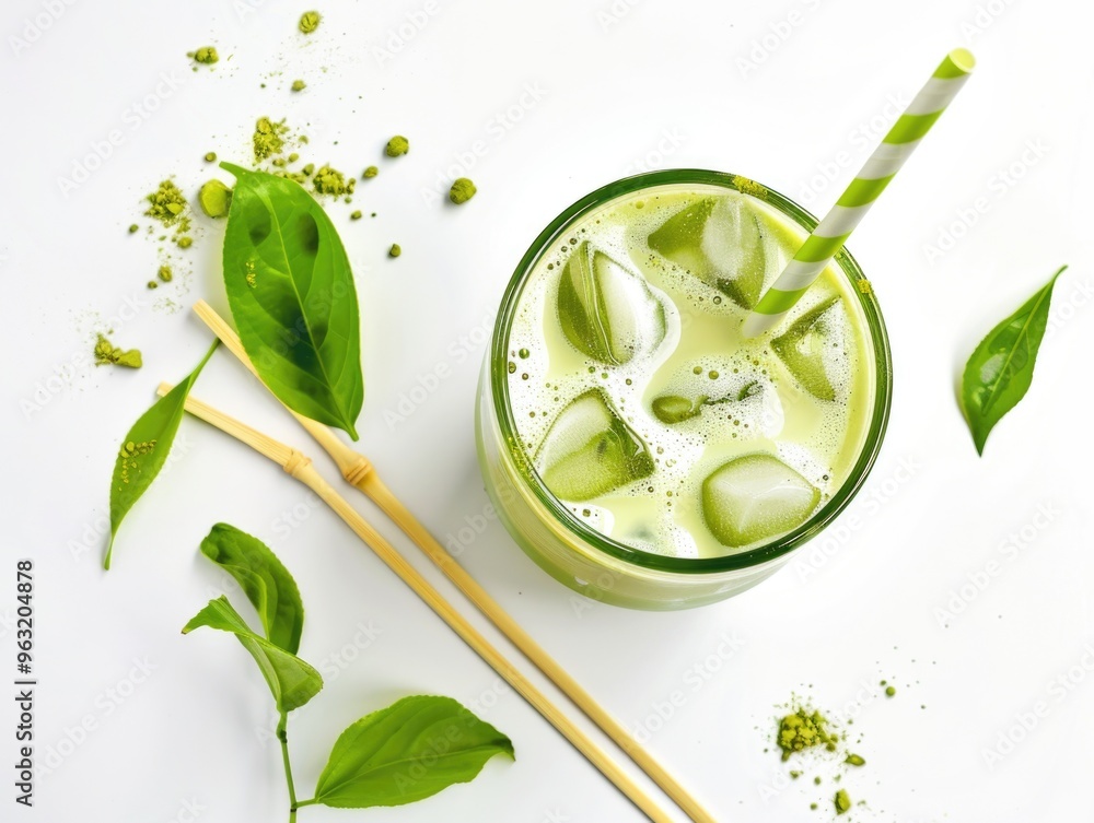 A glass of green tea with a straw in it and a bunch of green leaves on the table A glass of green tea with a straw in it and a bunch of green leaves on the table