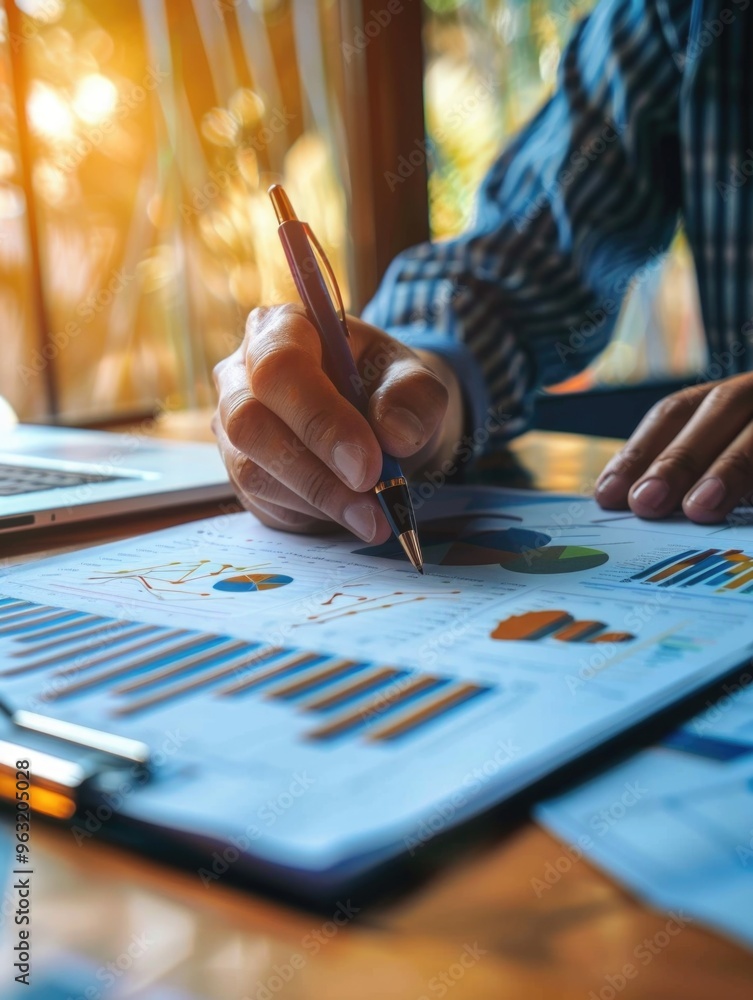 A man is writing with a pen on a piece of paper. The paper has a lot of numbers and graphs on it. The man is focused on his work and seems to be in a serious mood A man is writing with a pen on a piece of paper. The paper has a lot of numbers and graphs on it. The man is focused on his work and seems to be in a serious mood