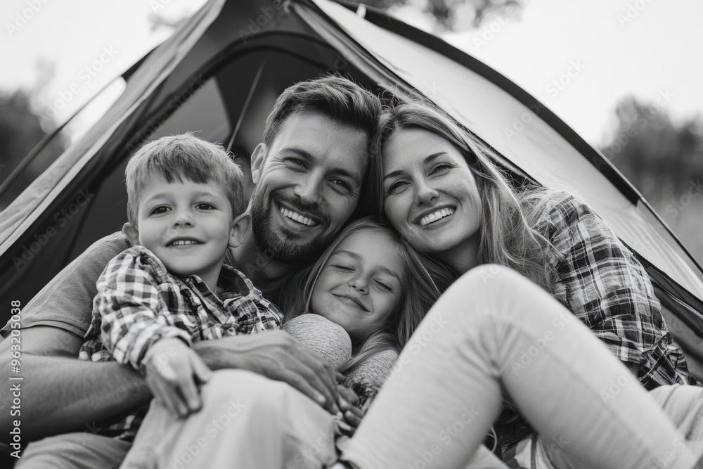 A family of four is sitting in a tent, with the man and woman hugging their two children. Scene is warm and loving, as the family enjoys spending time together in the outdoors A family of four is sitting in a tent, with the man and woman hugging their two children. Scene is warm and loving, as the family enjoys spending time together in the outdoors