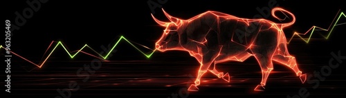 Dynamic bull graphic symbolizing bullish market trends with vibrant lines and glowing elements, perfect for financial themes. photo