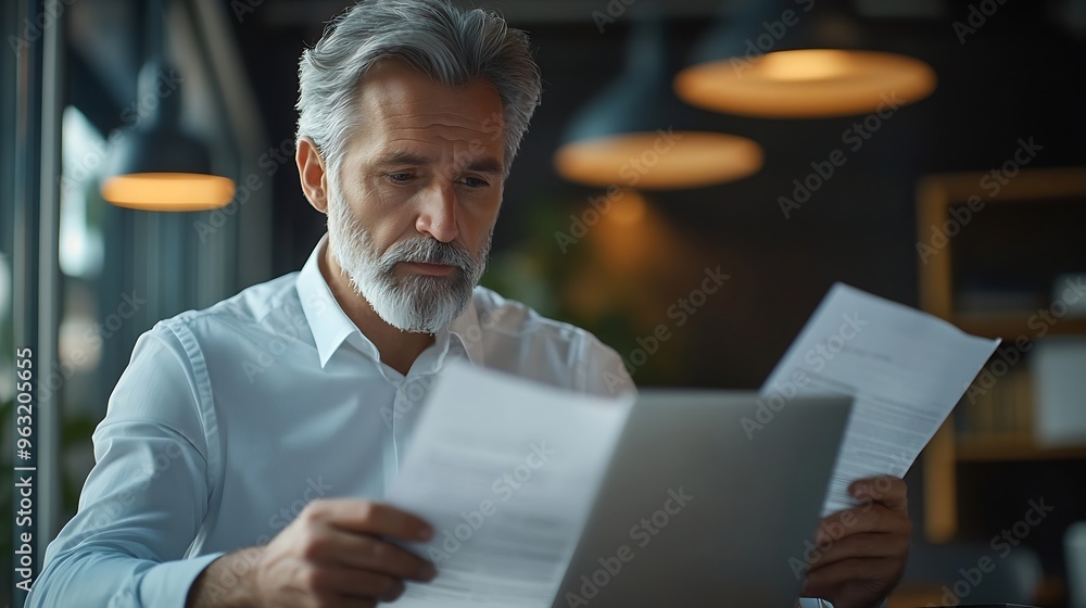 Busy middle aged executive mature ceo male hr account manager holding documents using laptop computer in office checking financial bill data in report doing accounting paper file plan : Generative AI Busy middle aged executive mature ceo male hr account manager holding documents using laptop computer in office checking financial bill data in report doing accounting paper file plan : Generative AI