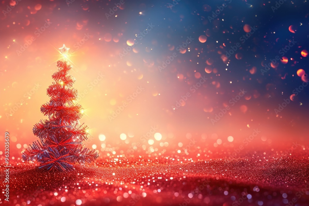 A red christmas tree is surrounded by a red and blue background. The tree is the focal point of the image, and the background is filled with glitter, giving the scene a festive and magical feel A red christmas tree is surrounded by a red and blue background. The tree is the focal point of the image, and the background is filled with glitter, giving the scene a festive and magical feel