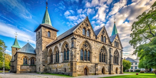 Exterior view of Stavanger Domkirke a magnificent medieval cathedral with stunning architectural details and towering spires, windows, exterior, bird's eye view,Stavanger Domkirke photo