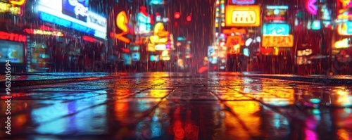 Wet City Streets at Night with Neon Lights Reflection.