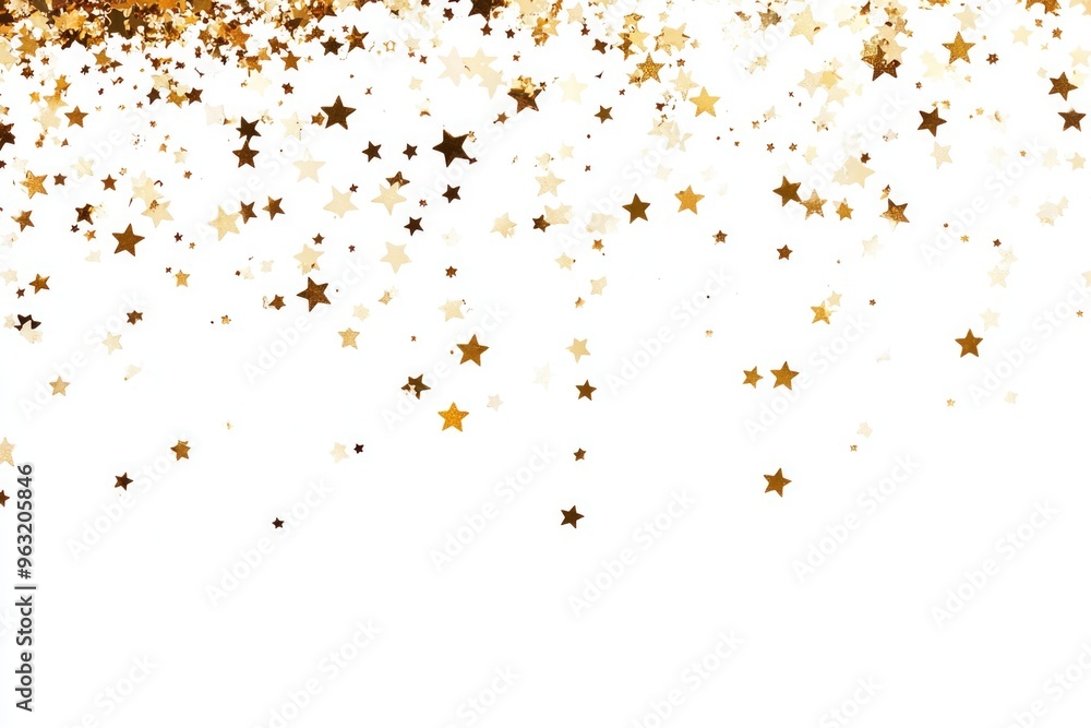 A white background with a lot of gold stars scattered across it. The stars are of different sizes and are placed in various positions. Concept of celebration and joy A white background with a lot of gold stars scattered across it. The stars are of different sizes and are placed in various positions. Concept of celebration and joy