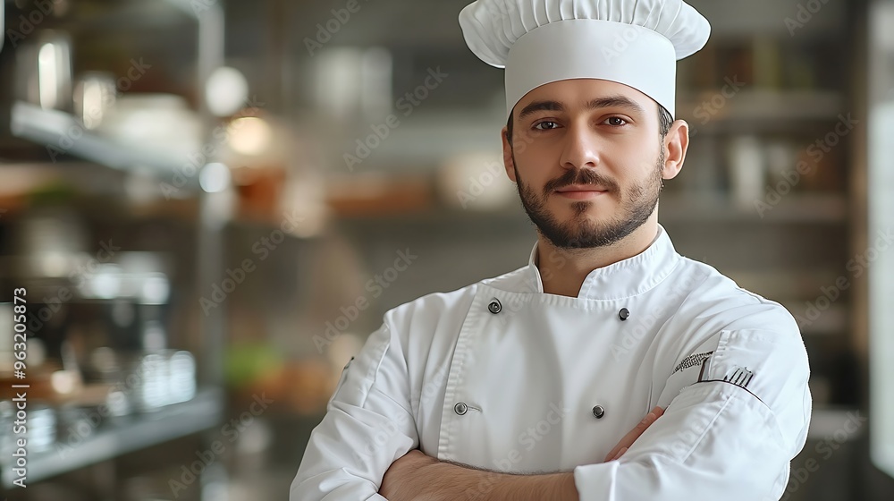 Professional chef with arms crossed in the kitchen looking at camera Copy space : Generative AI Professional chef with arms crossed in the kitchen looking at camera Copy space : Generative AI