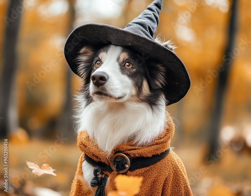 A beautiful dog wearing a witch costume to celebrate Halloween
 photo