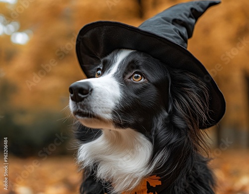 A beautiful dog wearing a witch costume to celebrate Halloween
 photo