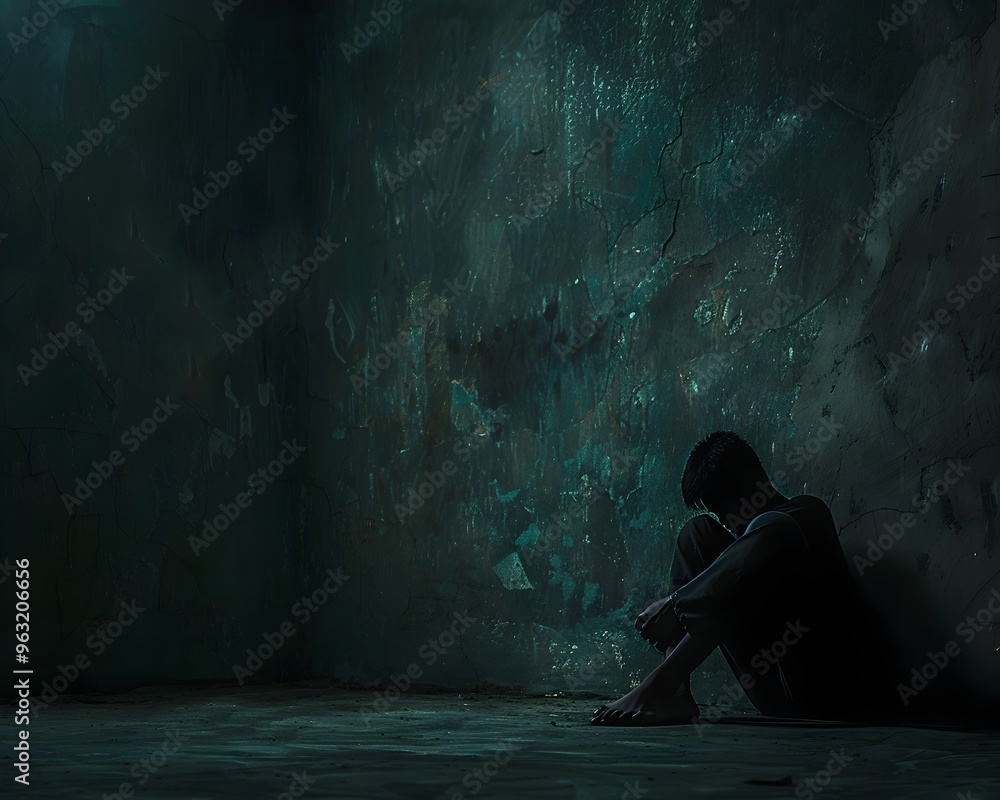 Unidentified Figure Conveying Profound Emotional Distress in Solitary Dark Environment Unidentified Figure Conveying Profound Emotional Distress in Solitary Dark Environment