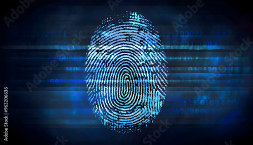 A digital fingerprint on a blue background with lines of code.