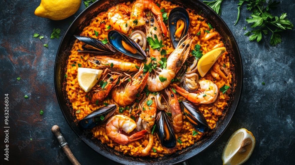 Top-view of a seafood paella in a large pan, with golden rice, shrimp, mussels, and squid, garnished with lemon wedges and herbs. Top-view of a seafood paella in a large pan, with golden rice, shrimp, mussels, and squid, garnished with lemon wedges and herbs.