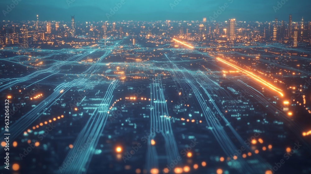 Fototapeta premium Visualization of electric waves coursing through a futuristic power grid, illustrating the concept of smart cities and renewable energy systems.