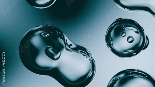 Animation of liquid bubbles. Chaotic movement of liquid molecules on a blue background. Animation for cosmetics, oils, drinks, medicine, science. Liquid metal molecules