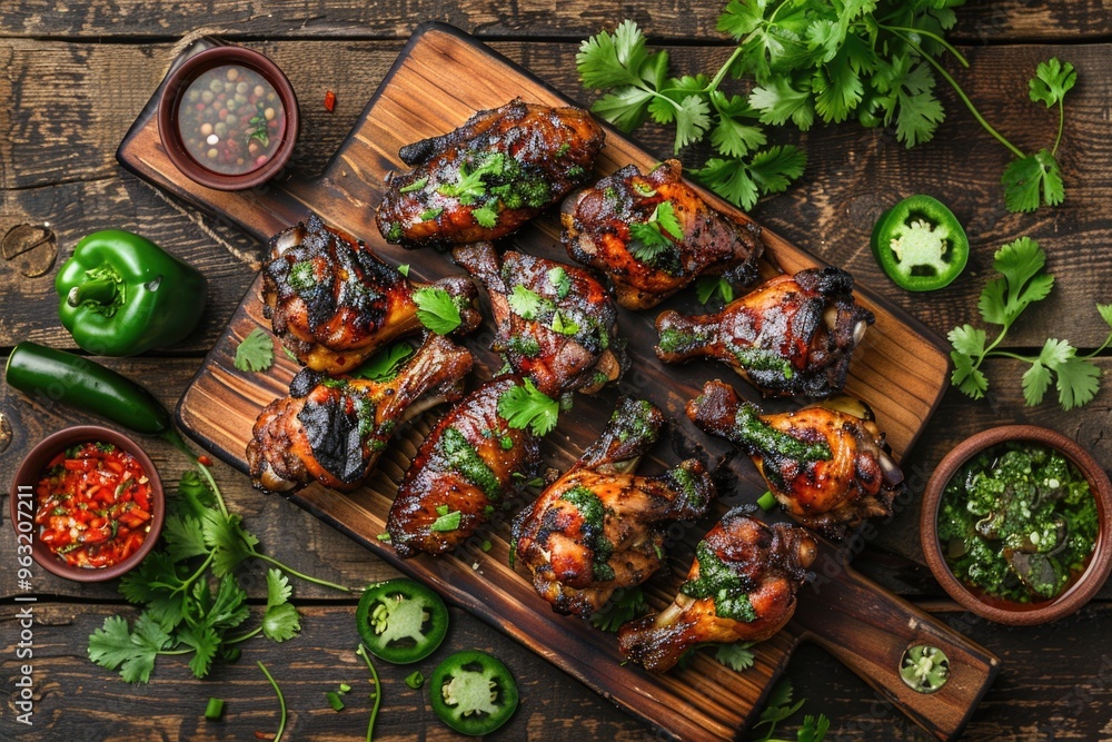 A plate of chicken wings with a side of spicy sauce and green herbs. The chicken wings are cooked and ready to be eaten A plate of chicken wings with a side of spicy sauce and green herbs. The chicken wings are cooked and ready to be eaten