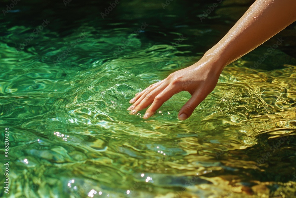 A hand is reaching into the water, creating ripples and splashes. The water is clear and calm, reflecting the sunlight. Concept of tranquility and relaxation, as the hand gently touches the water A hand is reaching into the water, creating ripples and splashes. The water is clear and calm, reflecting the sunlight. Concept of tranquility and relaxation, as the hand gently touches the water