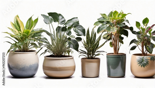 Collection of Various Houseplants in Ceramic Pots with Natural Light