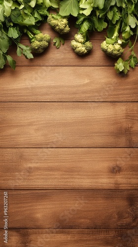 A diverse array of fresh green vegetables, featuring kale leaves and Chinese cabbage, is arranged attractively on a rustic wooden table, leaving room for additional text