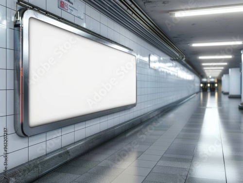 A white sign is hanging on a wall in a subway station. The sign is empty, and the station is dimly lit. Scene is somewhat somber and quiet, as the empty sign