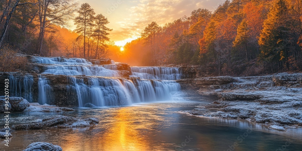 Cascading Waterfall with a Golden Sunset Reflection in a Snowy Forest Cascading Waterfall with a Golden Sunset Reflection in a Snowy Forest