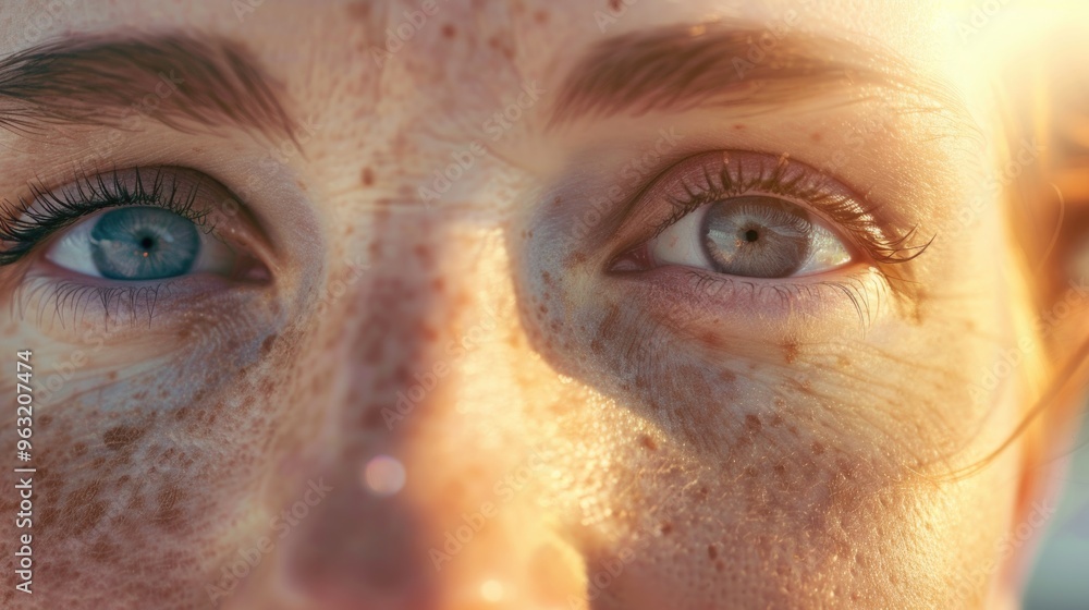 A woman with blue eyes and freckles. The freckles are on her nose and cheeks