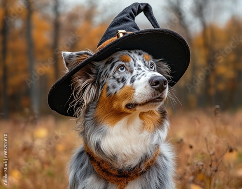 A beautiful dog wearing a witch costume to celebrate Halloween
 photo