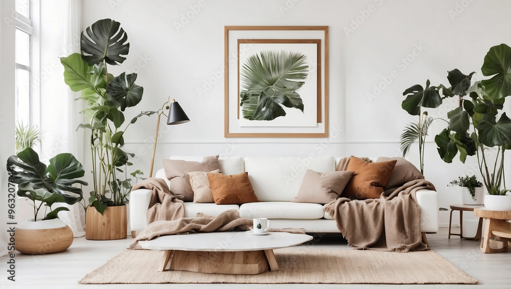 Design Sofa with Tropical Plants, Pillows, Blanket, and Gramophone Design Sofa with Tropical Plants, Pillows, Blanket, and Gramophone