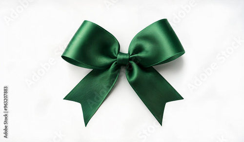 A green Christmas ribbon and bow isolated on a white background.