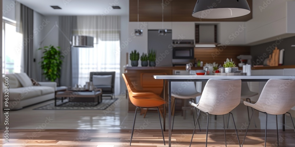 A modern living room with a white dining table and chairs. The room is well lit and has a clean, minimalist design A modern living room with a white dining table and chairs. The room is well lit and has a clean, minimalist design